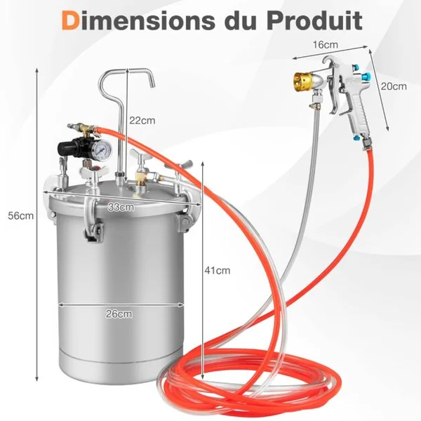 Pistolet de Peinture de 15 L Réservoir de Peinture à Haute Pression avec Baromètre 3,5 mm Buse 3 Boutons de Réglage 5 m