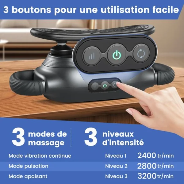 Pistolet à Fascia avec 3 Têtes de Massage Commutables Appareil de Massage avec Fonction de Massage en Profondeur 3 Modes 3 Intensités 15 Min
