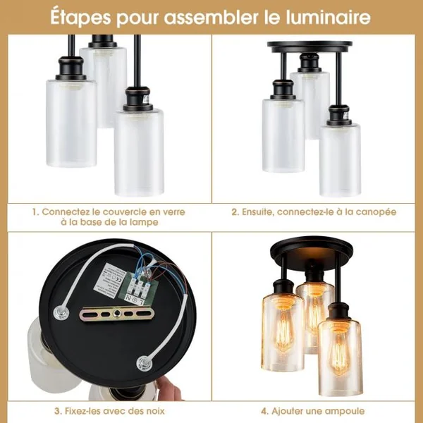 Plafonnier Moderne Industriel à 3 Spots en Métal Abat-jour en Verre de Semence 60W Prise E27