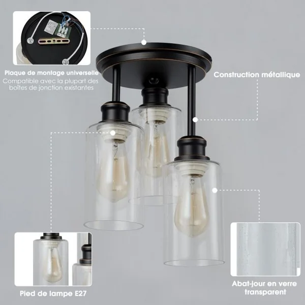 Plafonnier Moderne Industriel à 3 Spots en Métal Abat-jour en Verre de Semence 60W Prise E27