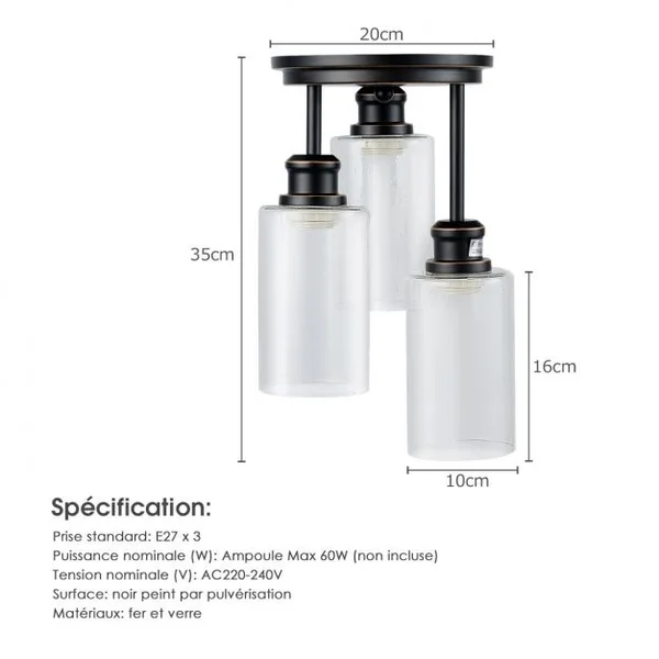 Plafonnier Moderne Industriel à 3 Spots en Métal Abat-jour en Verre de Semence 60W Prise E27