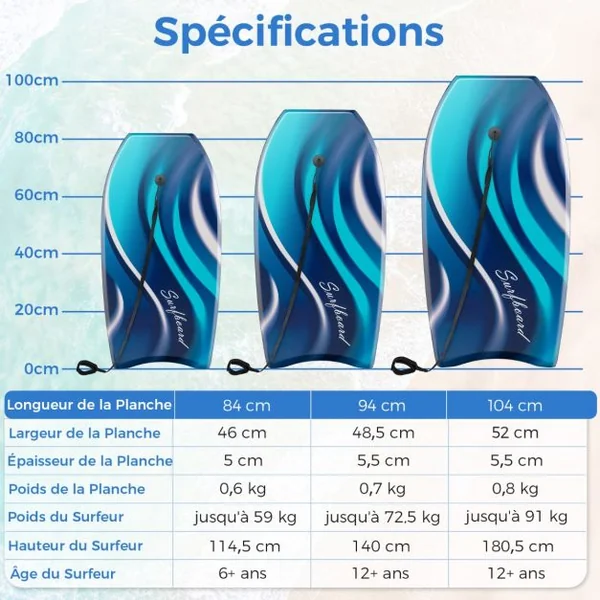 Planche de Bodyboard 41” en XPE et HDPE avec Queue en Croissant Planche de Surf avec Double Canal et Longe pour Poignet Charge 59-91KG