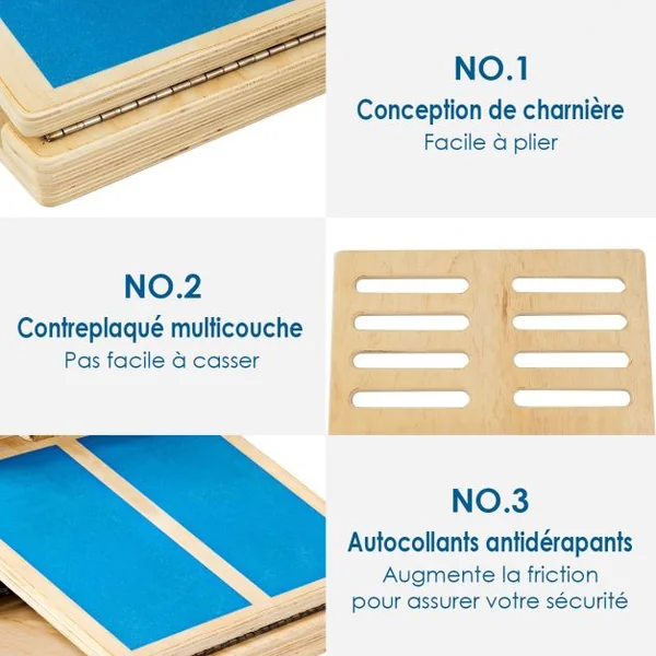 Planche Inclinée en Bois pour Mollets et Talons 4 Positions Ajustables de 10° à 40° Surface Antidérapante Capacité 160kg