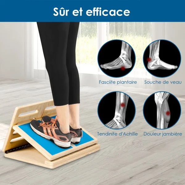 Planche Inclinée en Bois pour Mollets et Talons 4 Positions Ajustables de 10° à 40° Surface Antidérapante Capacité 160kg