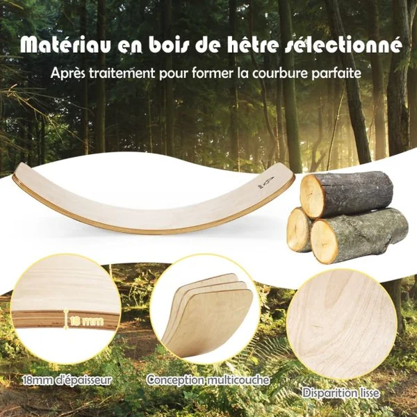 Planche à Bascule en Bois Incurvée avec Feutre Charge 220KG pour Yoga Sport pour Adultes et Enfants 88,5 x 30 x 20CM