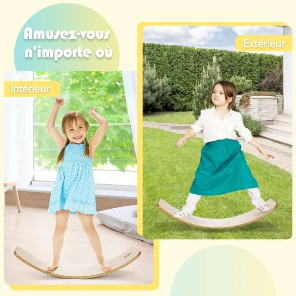 Planche à Bascule en Bois Incurvée avec Feutre Charge 220KG pour Yoga Sport pour Adultes et Enfants 88,5 x 30 x 20CM