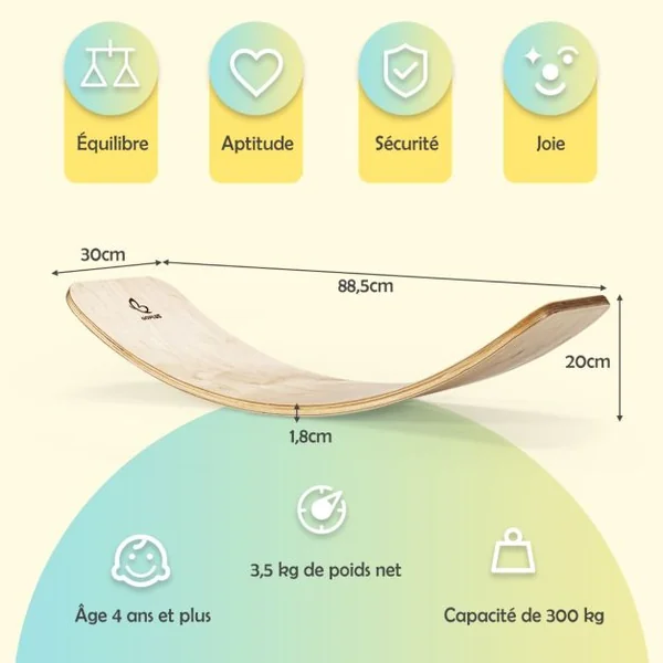 Planche à Bascule en Bois Incurvée avec Feutre Charge 220KG pour Yoga Sport pour Adultes et Enfants 88,5 x 30 x 20CM