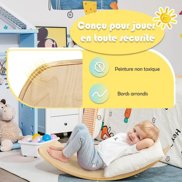 Planche à Bascule en Bois Incurvée avec Feutre Charge 220KG pour Yoga Sport pour Adultes et Enfants 88,5 x 39 x 19CM