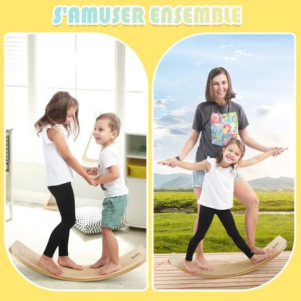 Planche à Bascule en Bois Incurvée avec Feutre Charge 220KG pour Yoga Sport pour Adultes et Enfants 88,5 x 39 x 19CM