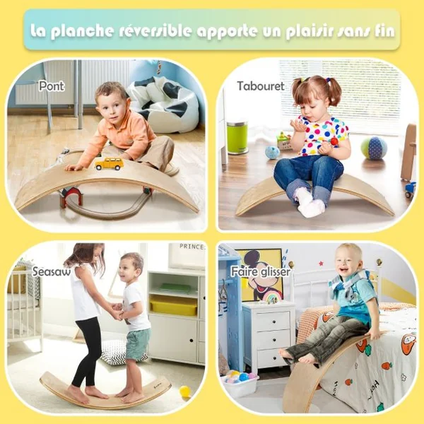 Planche à Bascule en Bois Incurvée avec Feutre Charge 220KG pour Yoga Sport pour Adultes et Enfants 88,5 x 39 x 19CM