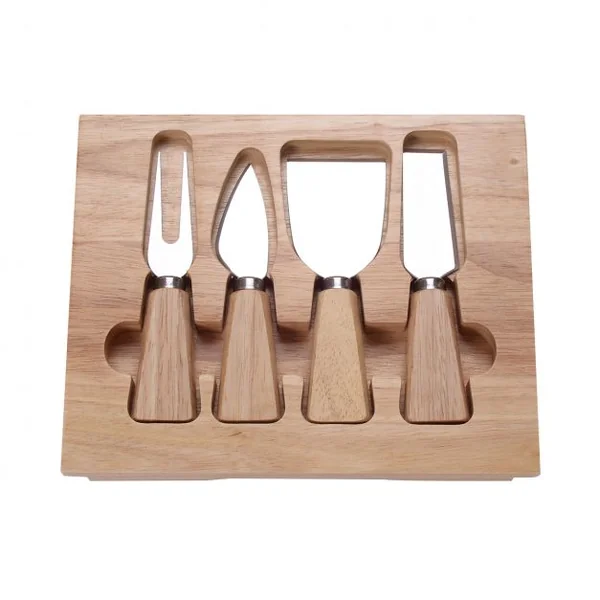 Planche à Fromage Plateau à Fromage en Bois avec Compartiment avec 4 Couteaux/Couverts Intégrés forme ovale 35 x 19 x 4 cm