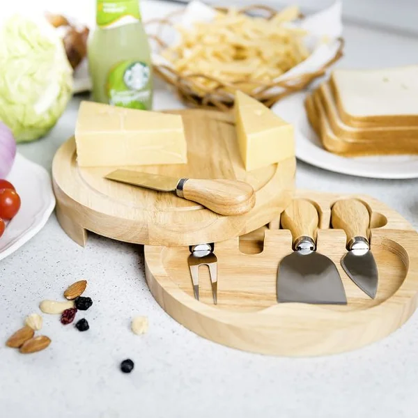 Planche à Fromage Plateau à Fromage en Bois avec Compartiment avec 4 Couteaux/Couverts Intégrés forme ronde 21 x 21 x 4 cm