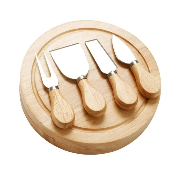 Planche à Fromage Plateau à Fromage en Bois avec Compartiment avec 4 Couteaux/Couverts Intégrés forme ronde 21 x 21 x 4 cm