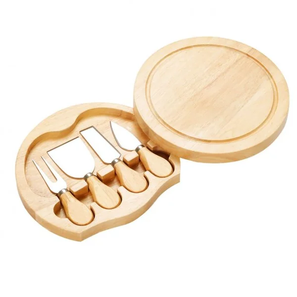 Planche à Fromage Plateau à Fromage en Bois avec Compartiment avec 4 Couteaux/Couverts Intégrés forme ronde 21 x 21 x 4 cm