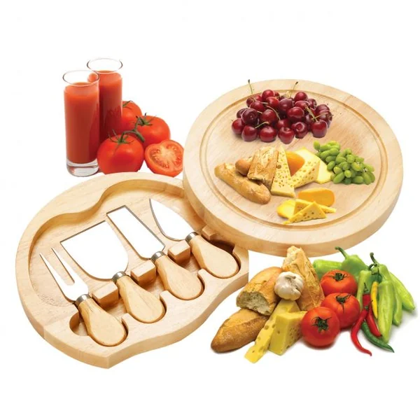 Planche à Fromage Plateau à Fromage en Bois avec Compartiment avec 4 Couteaux/Couverts Intégrés forme ronde 21 x 21 x 4 cm