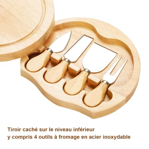 Planche à Fromage Plateau à Fromage en Bois avec Compartiment avec 4 Couteaux/Couverts Intégrés forme ronde 21 x 21 x 4 cm