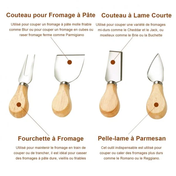 Planche à Fromage Plateau à Fromage en Bois avec Compartiment avec 4 Couteaux/Couverts Intégrés forme ronde 21 x 21 x 4 cm