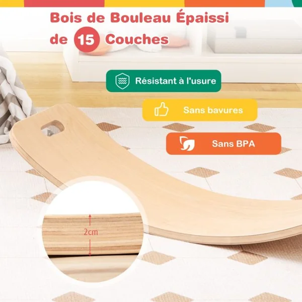 Planches d’Équilibre en Bois 2 Pièces 87x30/60x30CM Charge 150KG Balance Board avec Courbe Douce et Poignées 2CM d'Épaisseur