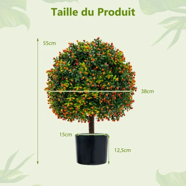 Plante Artificiel Lot de 2 Boule de Buis en Topiaire 38 x 55 cm (Dia. x H) avec Fruits des Couleurs Vivantes Pots Inclus
