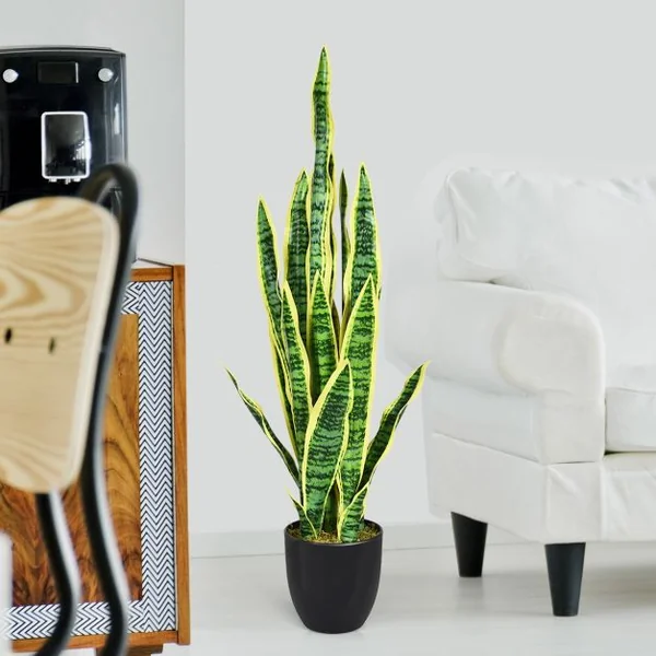 Plante Artificielle 90 cm en Pot 20 Feuilles Sansevieria Trifasciata Déco d’Intérieur en PEVA Ciment PP Vert + Jaune