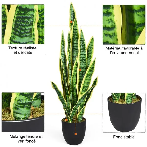 Plante Artificielle 90 cm en Pot 20 Feuilles Sansevieria Trifasciata Déco d’Intérieur en PEVA Ciment PP Vert + Jaune