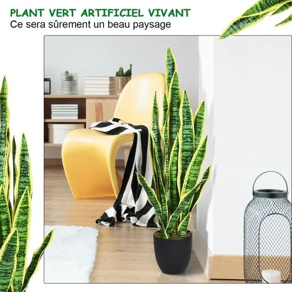Plante Artificielle 90 cm en Pot 20 Feuilles Sansevieria Trifasciata Déco d’Intérieur en PEVA Ciment PP Vert + Jaune