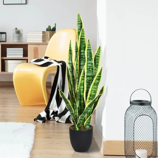 Plante Artificielle 90 cm en Pot 20 Feuilles Sansevieria Trifasciata Déco d’Intérieur en PEVA Ciment PP Vert + Jaune