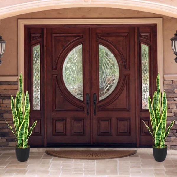 Plante Artificielle 90 cm en Pot 20 Feuilles Sansevieria Trifasciata Déco d’Intérieur en PEVA Ciment PP Vert + Jaune