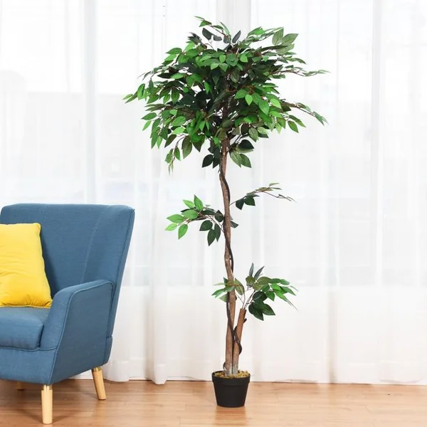 Plante Artificielle de 150 cm Faux Arbre avec Pot Tronc en Bois Feuilles en Polyester intérieur extérieur Ficus Vert