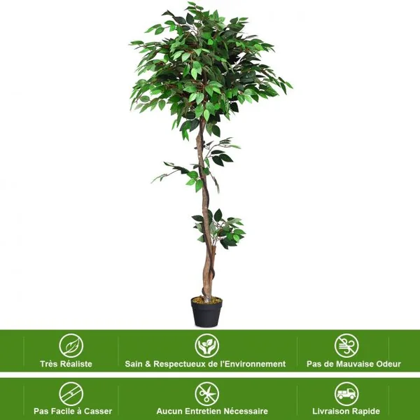 Plante Artificielle de 150 cm Faux Arbre avec Pot Tronc en Bois Feuilles en Polyester intérieur extérieur Ficus Vert