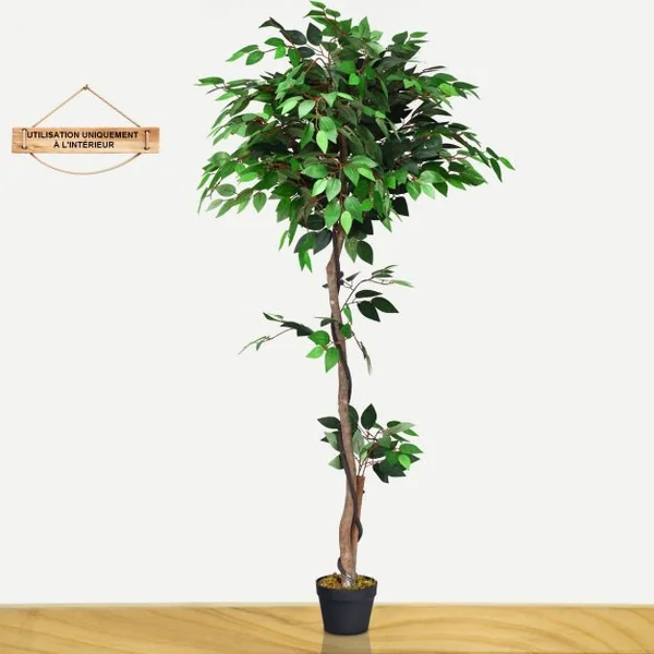 Plante Artificielle de 150 cm Faux Arbre avec Pot Tronc en Bois Feuilles en Polyester intérieur extérieur Ficus Vert