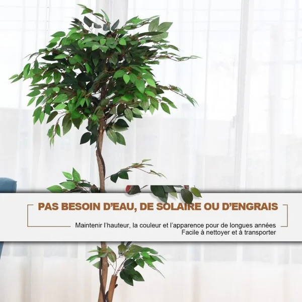 Plante Artificielle de 150 cm Faux Arbre avec Pot Tronc en Bois Feuilles en Polyester intérieur extérieur Ficus Vert