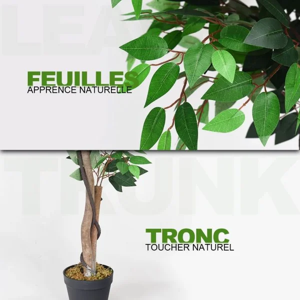 Plante Artificielle de 150 cm Faux Arbre avec Pot Tronc en Bois Feuilles en Polyester intérieur extérieur Ficus Vert