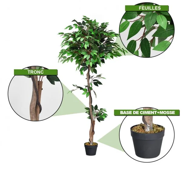 Plante Artificielle de 150 cm Faux Arbre avec Pot Tronc en Bois Feuilles en Polyester intérieur extérieur Ficus Vert