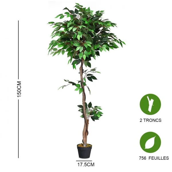 Plante Artificielle de 150 cm Faux Arbre avec Pot Tronc en Bois Feuilles en Polyester intérieur extérieur Ficus Vert