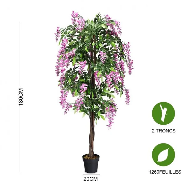 Plante artificielle de 180cm en pot avec fausses fleurs Wisteria Faux arbre avec pot de 17 cm de diamètre Rose