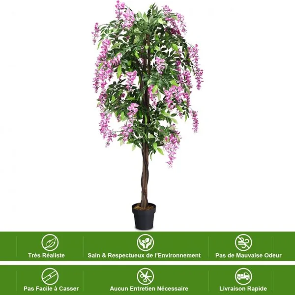 Plante artificielle de 180cm en pot avec fausses fleurs Wisteria Faux arbre avec pot de 17 cm de diamètre Rose