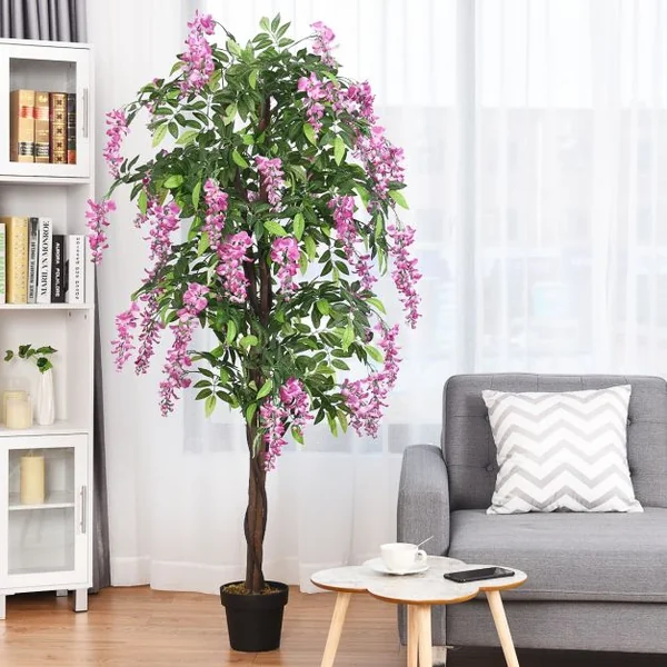 Plante artificielle de 180cm en pot avec fausses fleurs Wisteria Faux arbre avec pot de 17 cm de diamètre Rose