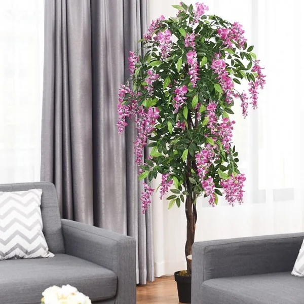 Plante artificielle de 180cm en pot avec fausses fleurs Wisteria Faux arbre avec pot de 17 cm de diamètre Rose