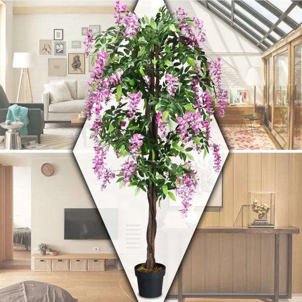 Plante artificielle de 180cm en pot avec fausses fleurs Wisteria Faux arbre avec pot de 17 cm de diamètre Rose