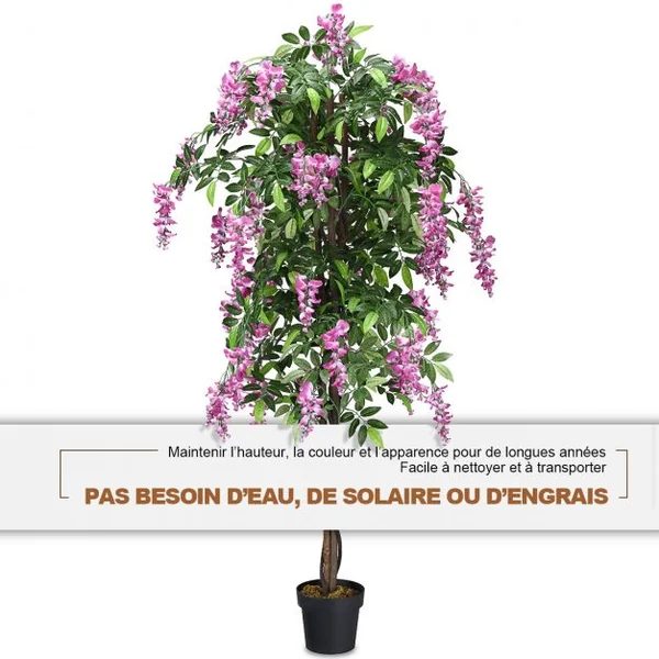 Plante artificielle de 180cm en pot avec fausses fleurs Wisteria Faux arbre avec pot de 17 cm de diamètre Rose