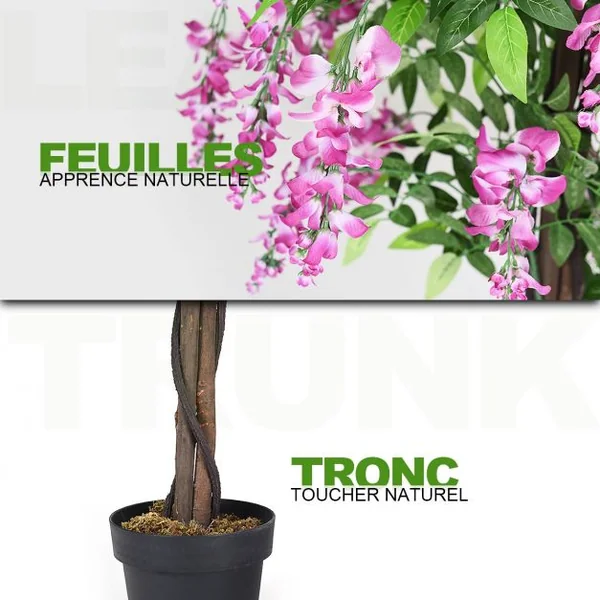Plante artificielle de 180cm en pot avec fausses fleurs Wisteria Faux arbre avec pot de 17 cm de diamètre Rose