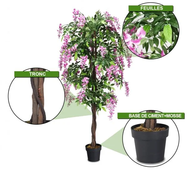 Plante artificielle de 180cm en pot avec fausses fleurs Wisteria Faux arbre avec pot de 17 cm de diamètre Rose