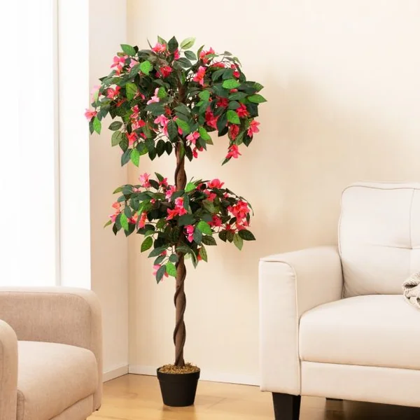 Plante Artificielle en Pot Remplies de Ciment 150CM avec 252 Fleurs Fausse Bougainvillier avec Tronc en Bois Véritable