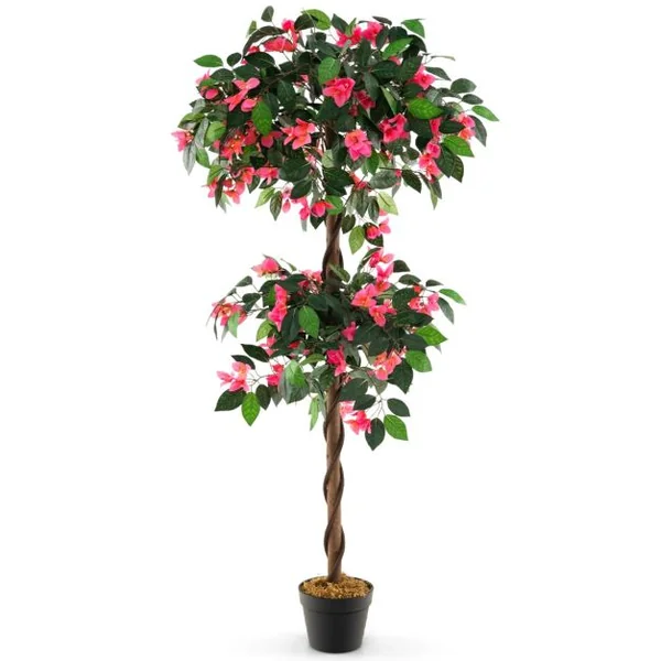 Plante Artificielle en Pot Remplies de Ciment 150CM avec 252 Fleurs Fausse Bougainvillier avec Tronc en Bois Véritable