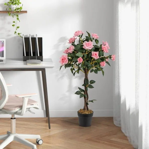 Plante Artificielle en Pot Remplies de Ciment 93CM avec 21 Roses Fausse Rosier à Fleurs avec Décoration Moderne pour Salon Balcon Bureau
