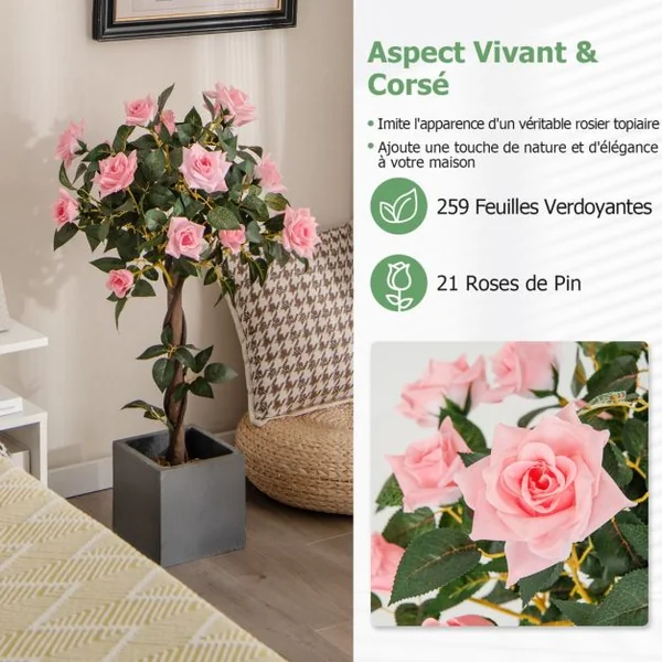 Plante Artificielle en Pot Remplies de Ciment 93CM avec 21 Roses Fausse Rosier à Fleurs avec Décoration Moderne pour Salon Balcon Bureau