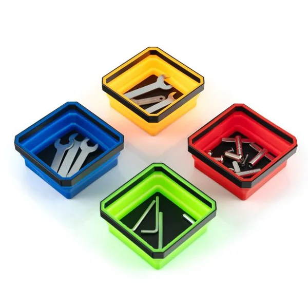 Plateaux Magnétiques Pliables Lot de 4 pour Pièces Métalliques Bols en Silicone de Rangement pour Vis Boulons Écrous Carré de 11,5 cm Rouge Bleu Orange et Vert