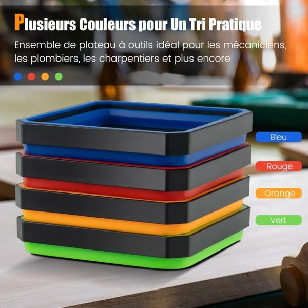 Plateaux Magnétiques Pliables Lot de 4 pour Pièces Métalliques Bols en Silicone de Rangement pour Vis Boulons Écrous Carré de 11,5 cm Rouge Bleu Orange et Vert