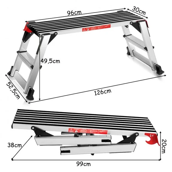 Plateforme de Travail Pliable Sécurisée pour Travaux Surface Antidérapante Capacité 150kg en Aluminium 126x30x49,5cm